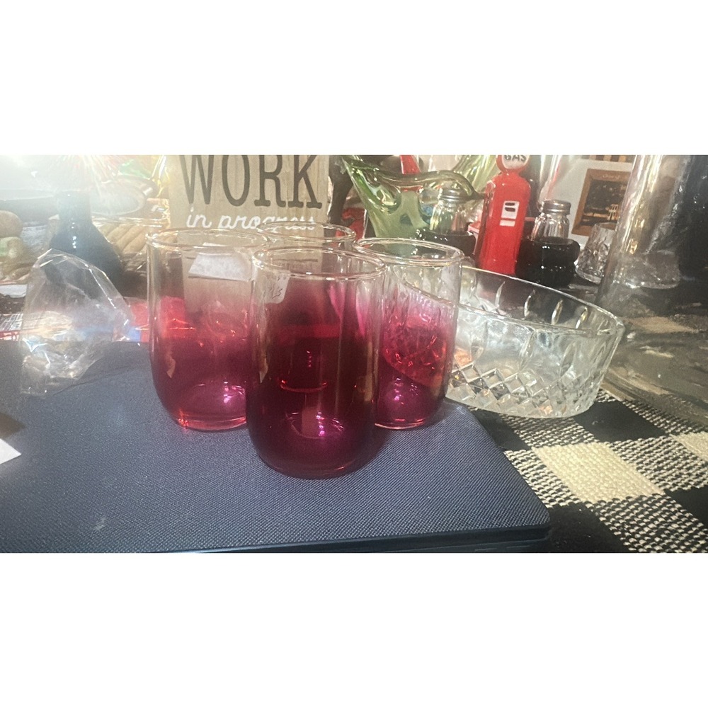 Vintage Ombre 4 Tumblers Ruby Red and Clear Glass Gold Trim Rounded Bottom